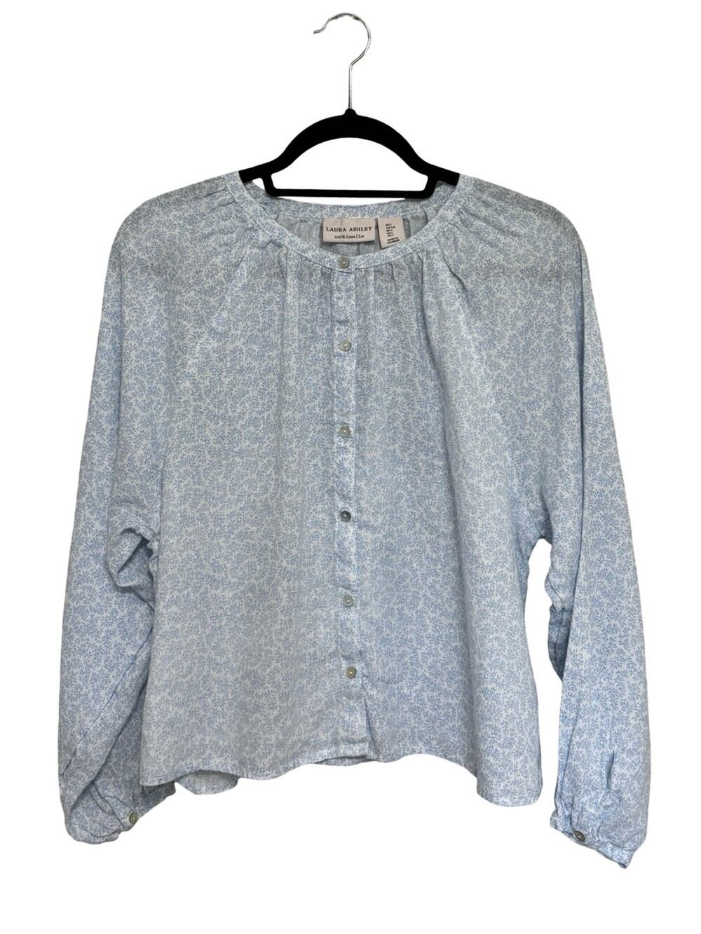 Laura Ashley 100% Linen Cottagecore Light Blue Floral Button Down - Size L